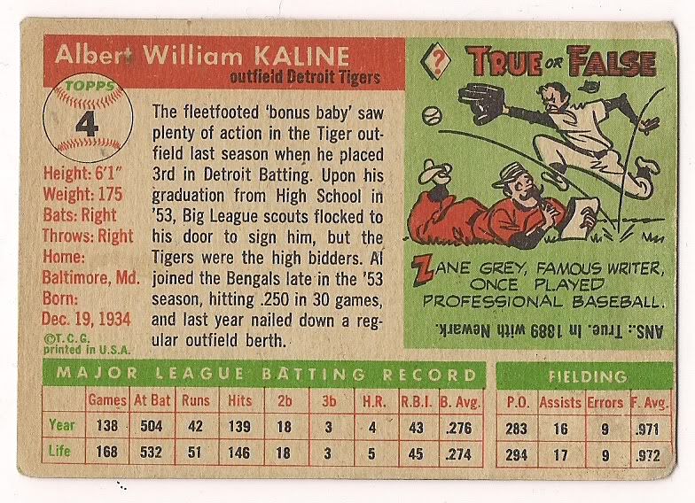 1955 Topps Al Kaline #4 Back