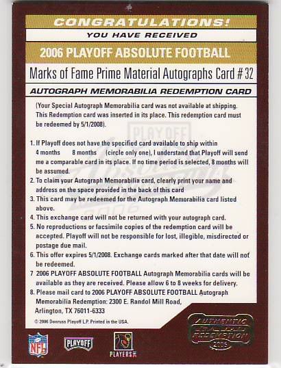 2006 Playoff Absolute Marks of Fame Prime Material Autograph Laurence Maroney Redemption