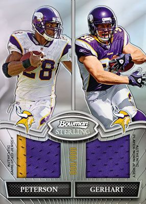 2010 Bowman Sterling Adrian Peterson Toby Gerhart Dual Relic Jersey Card Box Topper