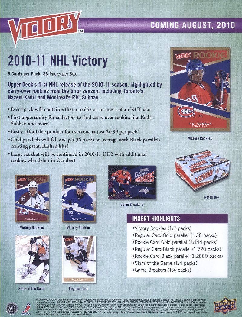 2010/11 Upper Deck Victory Hockey Sell Sheet