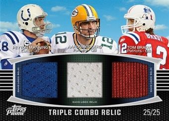 2011 Topps Prime Triple Combo Relic Peyton Manning, Aaron Rodgers, Tom Brady Jersey Card