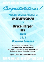 2011 Bowman Bryce Harper Redemption Autograph BP1