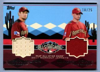 2011 Topps Update All-Star Dual Relic Card: Josh Hamilton - Michael Young
