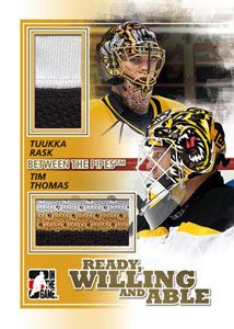 2010/11 ITG Between the pipes Ready Willing and Able Tuukka Rask - Ryan Miller Dual Jersey Card