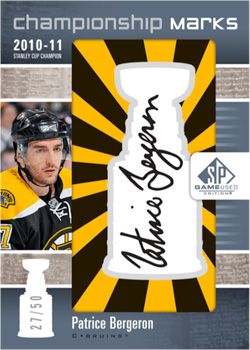 2011-12 Upper Deck SP Game Used Championship Marks Patrice Bergeron Autograph Card #/50