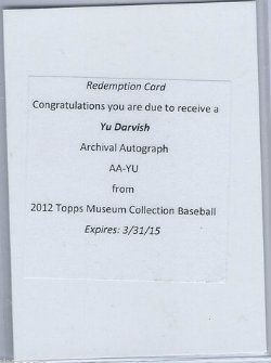 2012 Topps Museum Collection Yu Garvish Archival Autograph Redemption Card