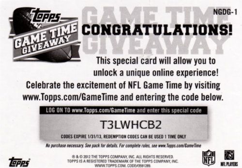 2012 Topps Game Time Giveaway Code Card Back