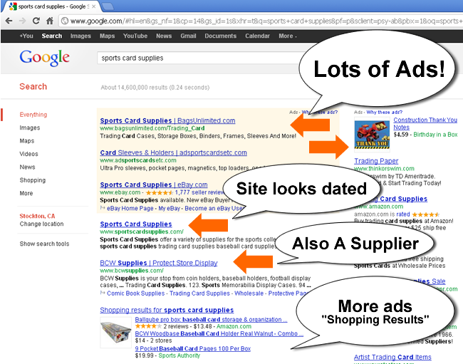 Sports Card Supplies Google Search Result Above Fold