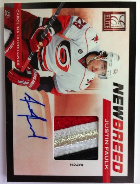 2011-12 Donruss Elite New Breed Justin Faulk Patch Autograph Card