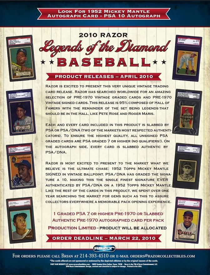 2010 Razor Legends of the Diamond Baseball Sell Sheet