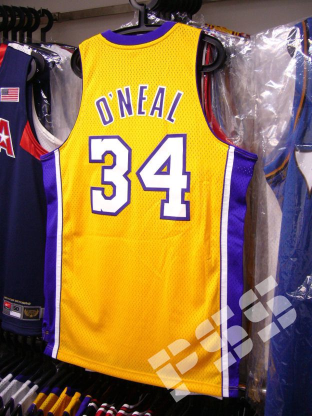 球迷版湖人奥尼尔j复古黄色球衣 nba lakers shaq o"neal jersey m