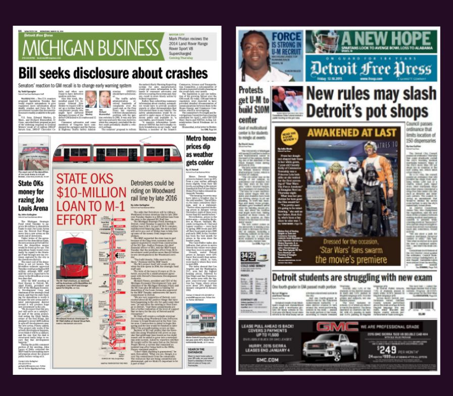 Page designs for The Detroit Free Press newspaper in Detroit Michigan